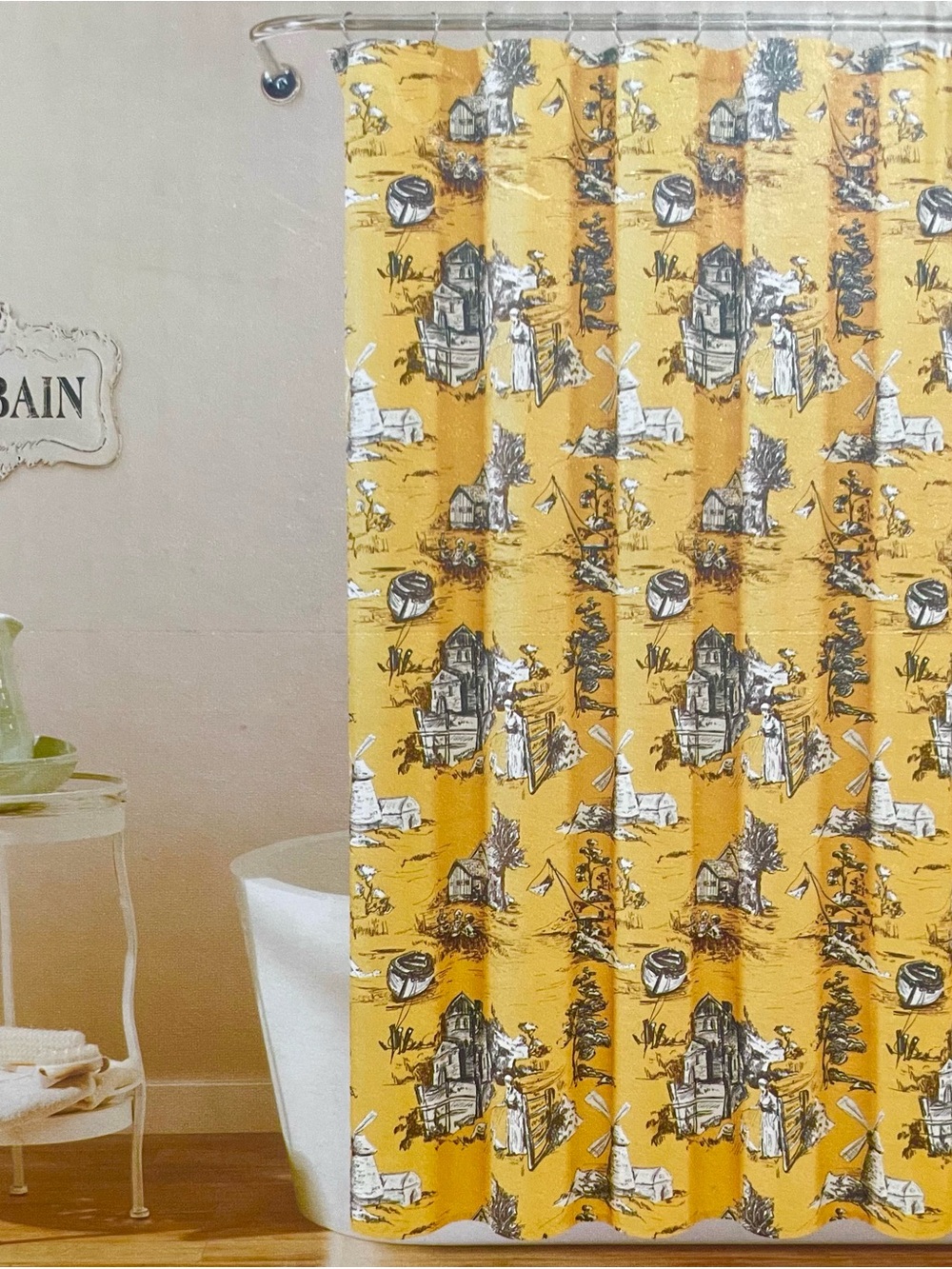 French Country Toile Yellow Gray Shower Curtain with Scenic Pattern Lush Decor